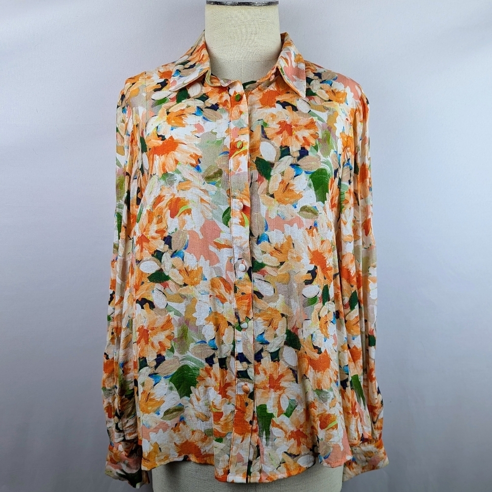 ANNA KAY Blouse Button Front Blouson Sleeves Vibrant Floral Print Orange Cream L